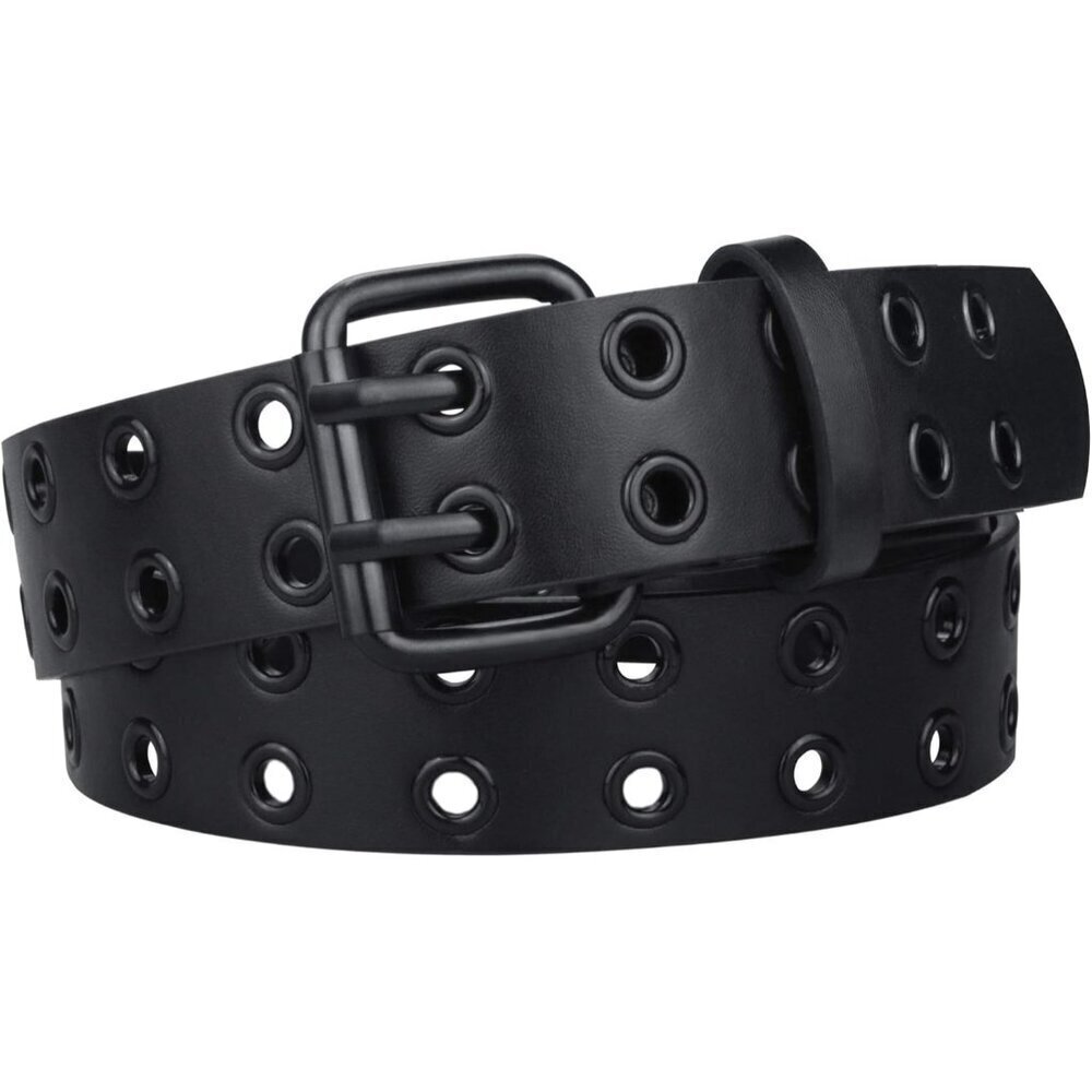 Leather Grommet Belt for Women Men Faux Leather Double Holes Casual